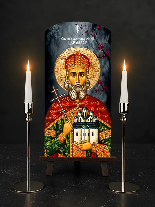 Свети великомученик Цар Лазар — икона на бибер црепу, позадина 7