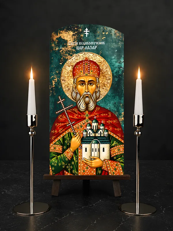 Свети великомученик Цар Лазар — икона на бибер црепу, позадина 2