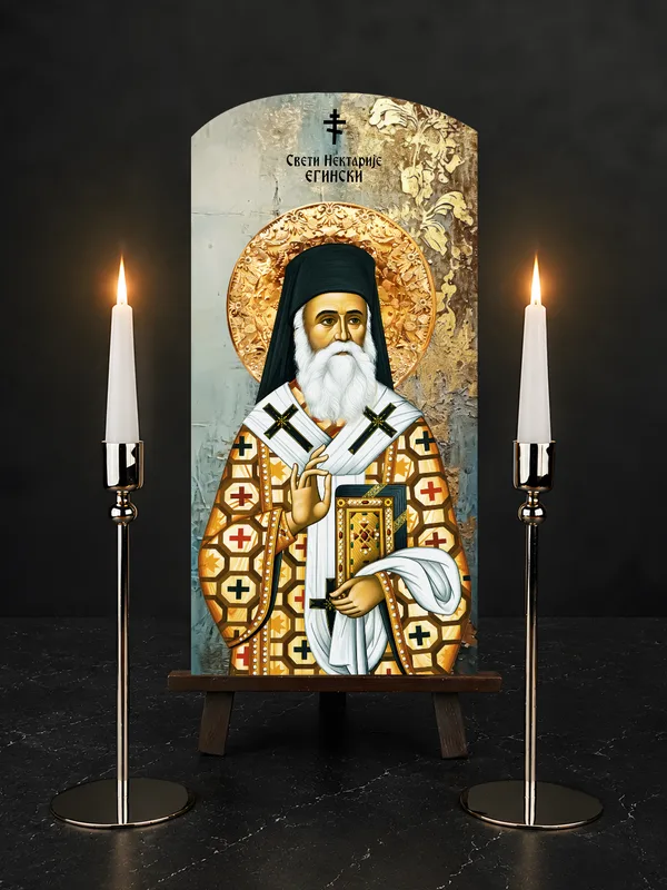 Свети Нектарије Егински — икона на бибер црепу, позадина 1